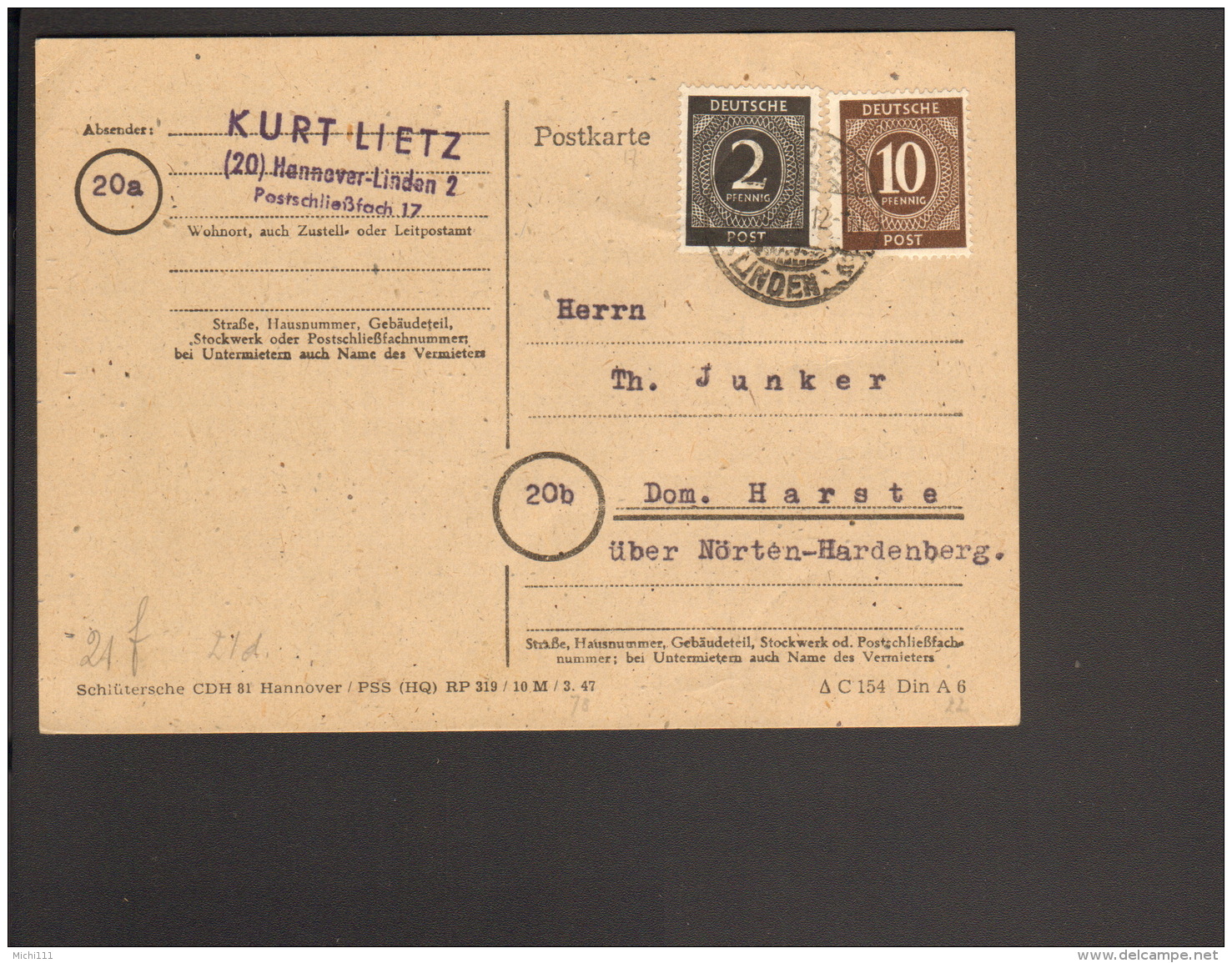 Alli.Bes.2 U.10 Pfg.Ziffer A. Fernpostkarte  Aus Hannover-Linden 1947m.Alt-Einkreis-Gitterstegstempel - Autres & Non Classés