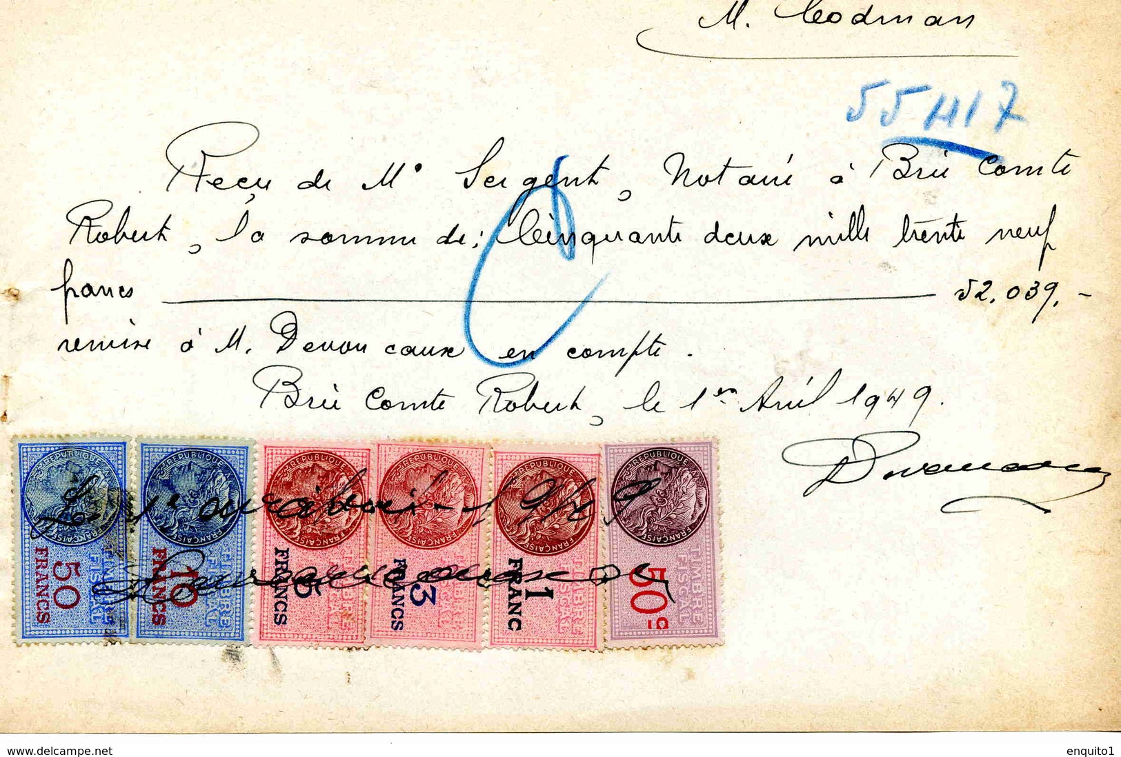 Timbres Fiscaux Sur Reçu Notarial - Autres & Non Classés