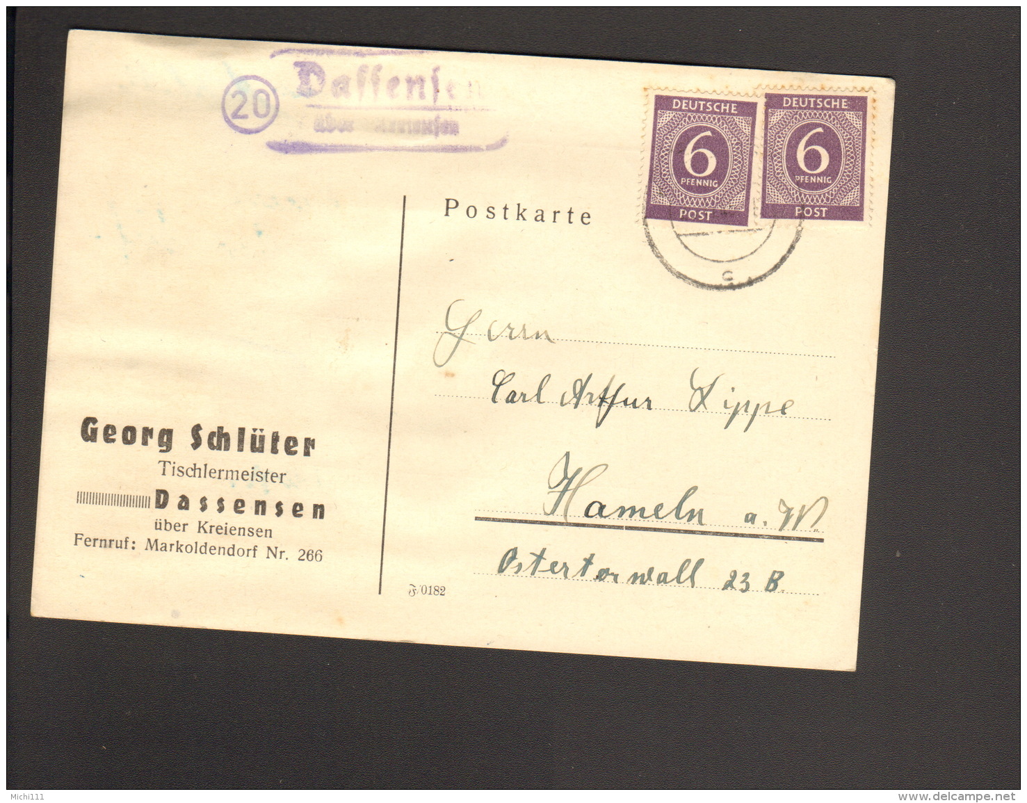 Alli.Bes.2 X 6 Pfg.Ziffer (Farbe!) A.Fernpostkarte 1947 M.Landpoststempel V.Dassensen ü.Kreiensen - Sonstige & Ohne Zuordnung
