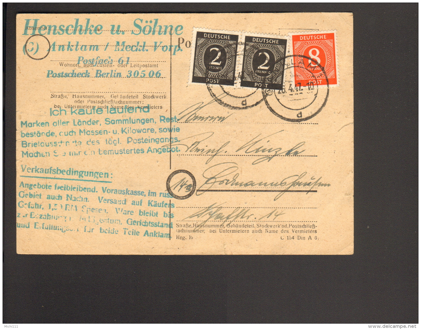 Alli.Bes.2 X 2 U.8 Pfg.Ziffer (Farbe!) A.Fernpostkarte 1947 Aus Anklam - Sonstige & Ohne Zuordnung