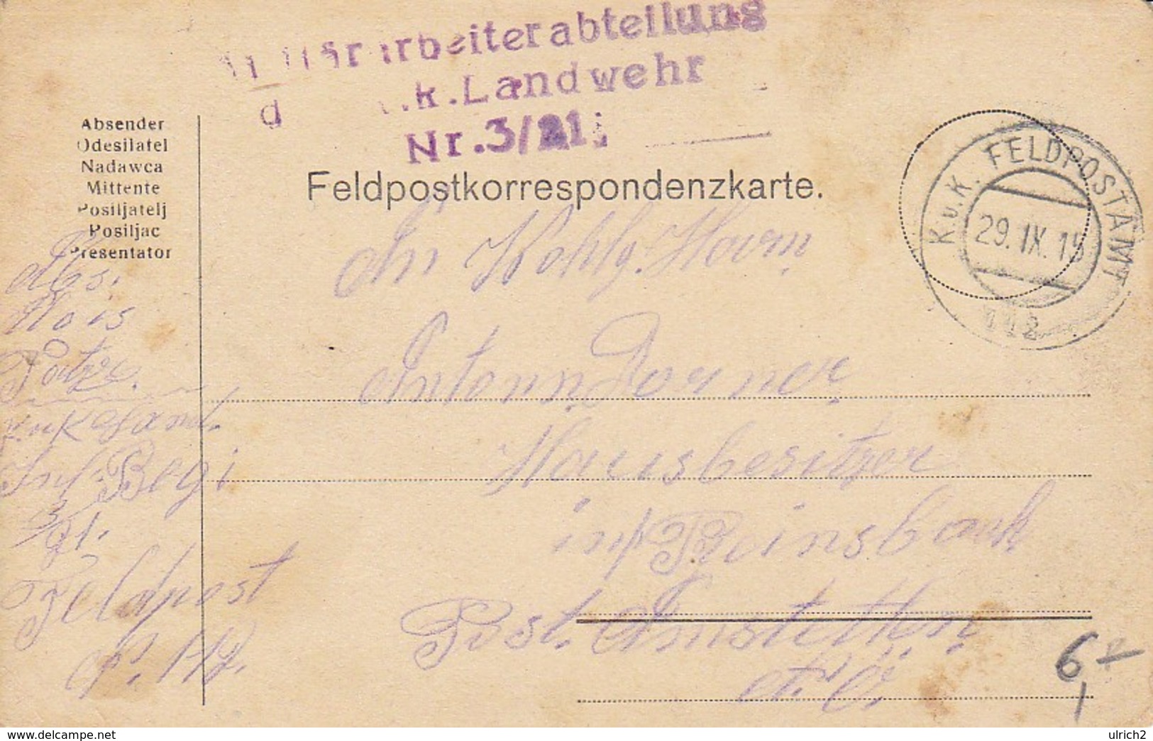 Feldpostkorrespondenzkarte Militärarbeiterabteilung K.k. Landwehr Nr. 3/21 - Feldpost 112 - 1915 (35297) - Briefe U. Dokumente