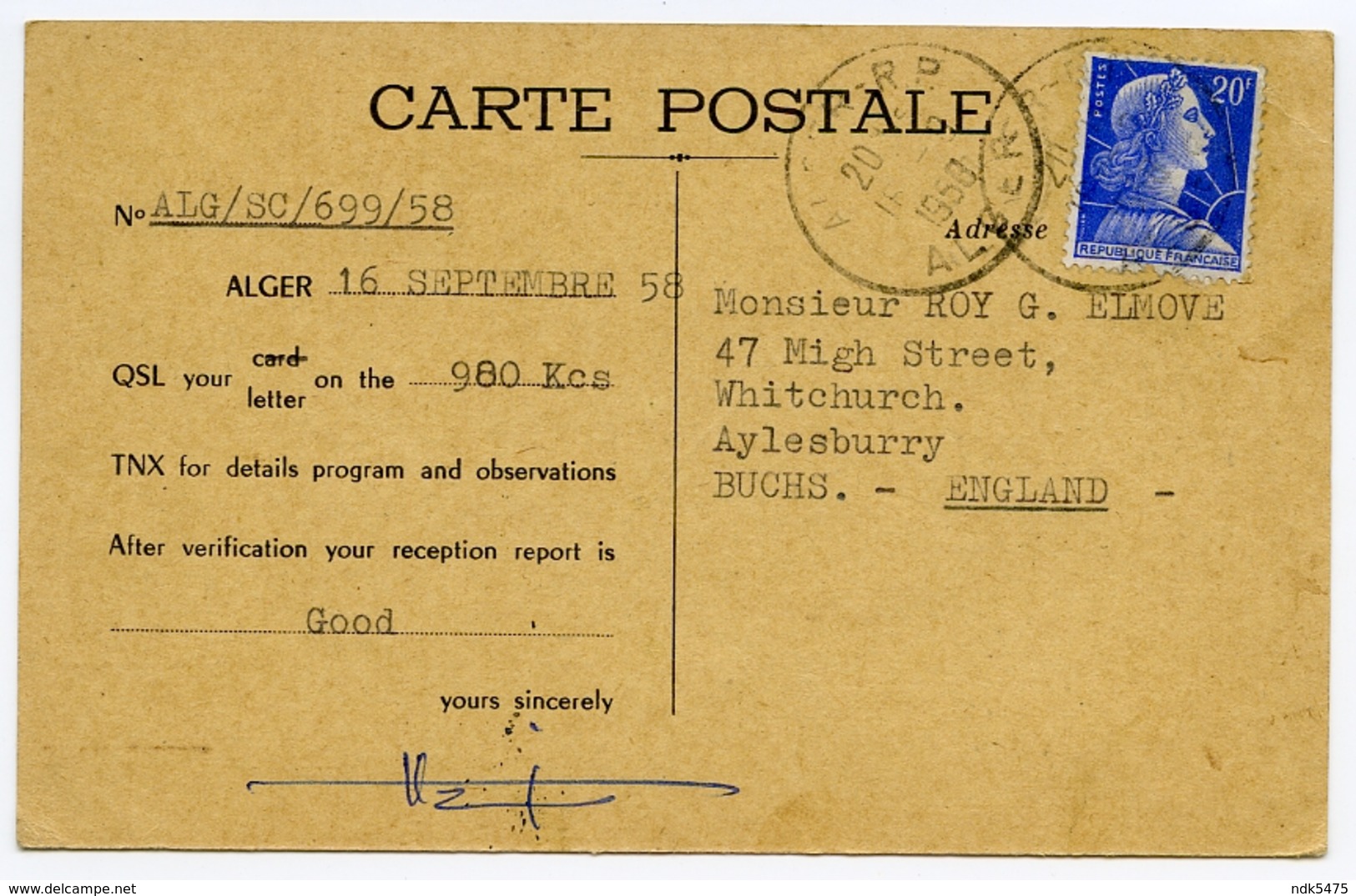 QSL : RADIO ALGERIE - AYLESBURY, ENGLAND, 1958 - Radio