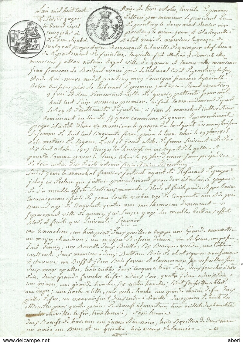 GOURIN - MORBIHAN - Acte Fait Le 5 - 8bre 1816 à GOURIN - Voir Les 4 Scans - Très Beau - Port 2,10€ - Seals Of Generality
