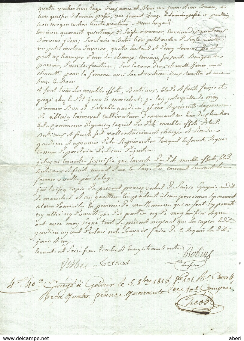 GOURIN - MORBIHAN - Acte Fait Le 5 - 8bre 1816 à GOURIN - Voir Les 4 Scans - Très Beau - Port 2,10€ - Algemene Zegels