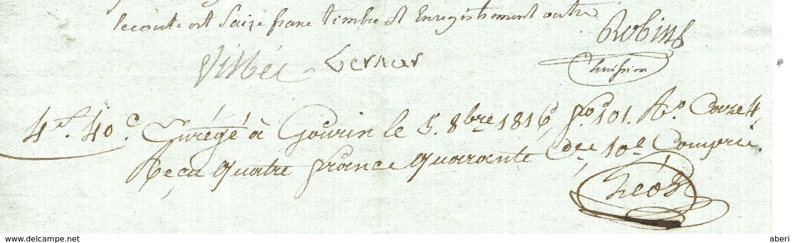 GOURIN - MORBIHAN - Acte Fait Le 5 - 8bre 1816 à GOURIN - Voir Les 4 Scans - Très Beau - Port 2,10€ - Algemene Zegels