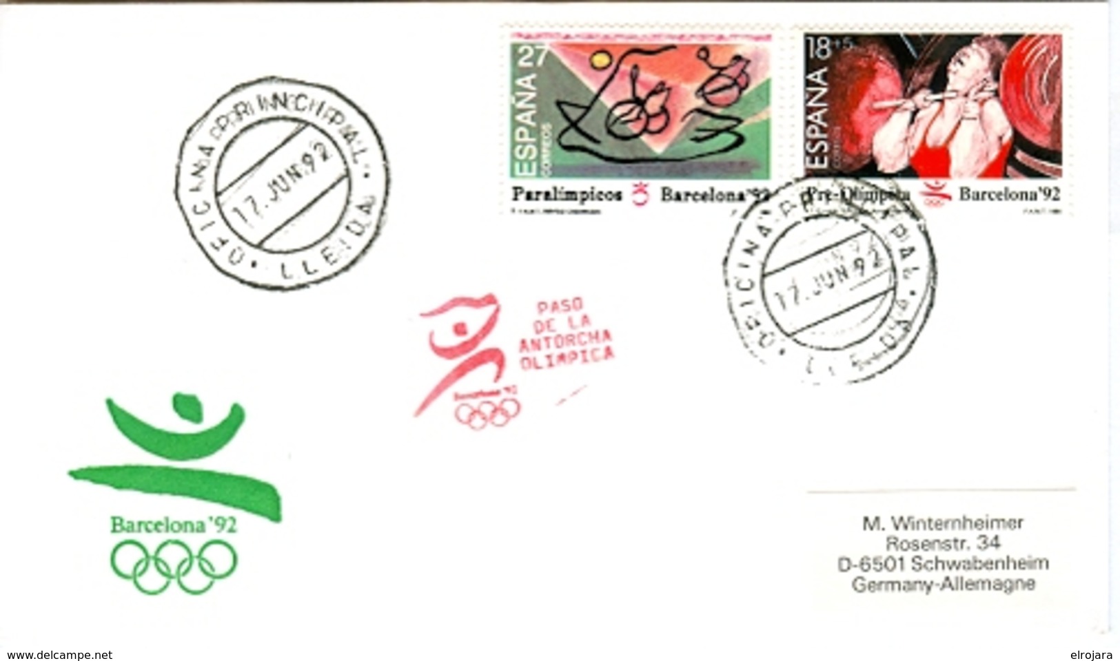 SPAIN Olympic Cover With Olympic Stamps And Torchrelay Cancel Lleida 17 Jun 92 With Red Torch Cancel - Summer 1992: Barcelona