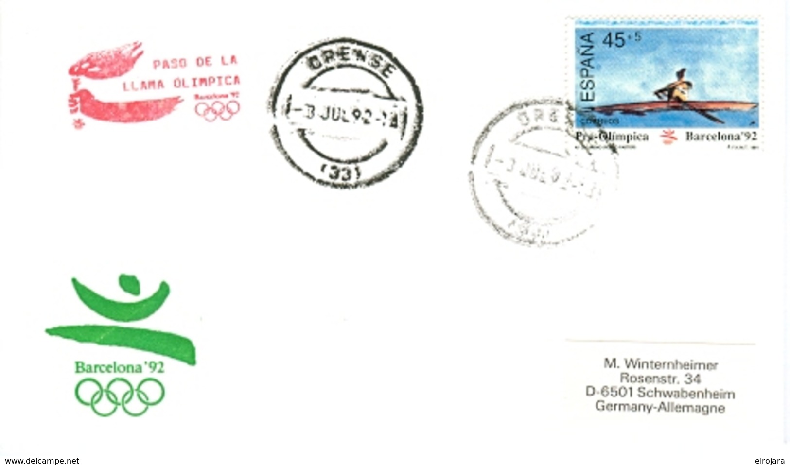 SPAIN Olympic Cover With Olympic Stamp And Torchrelay Cancel Orense 3 Jul 92 With Red Torch Cancel - Summer 1992: Barcelona