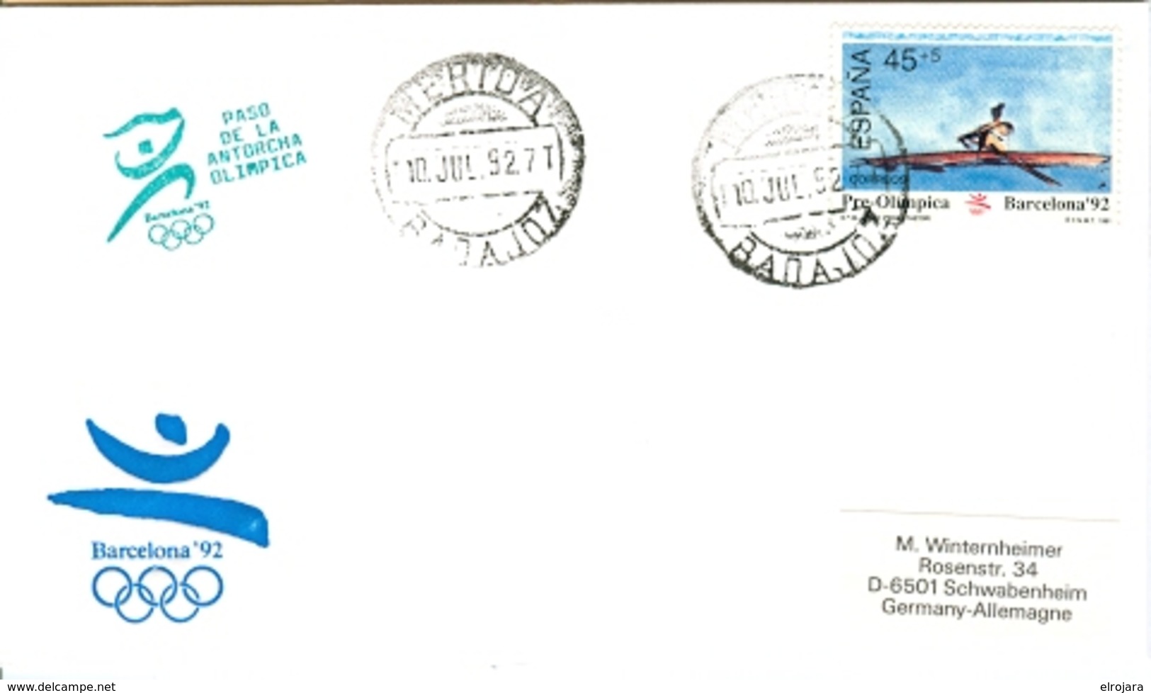 SPAIN Olympic Cover With Olympic Stamp And Torchrelay Cancel Merida 10 Jul 92 With Green Torch Cancel - Summer 1992: Barcelona