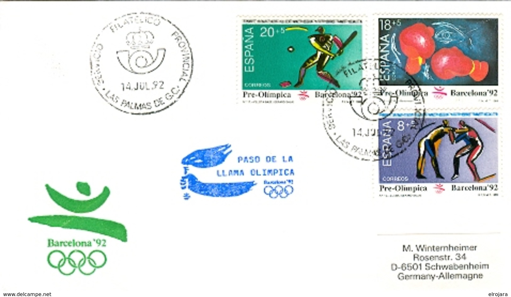 SPAIN Olympic Cover With Olympic Stamps And Torchrelay Cancel Las Palmas 14 Jul 92 With Blue Torch Cancel - Summer 1992: Barcelona