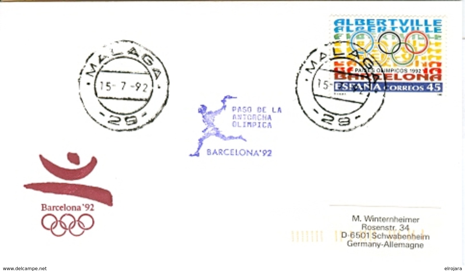 SPAIN Olympic Cover With Olympic Stamp And Torchrelay Cancel Malaga 15 Jul 92 With Violet Torch Cancel - Summer 1992: Barcelona