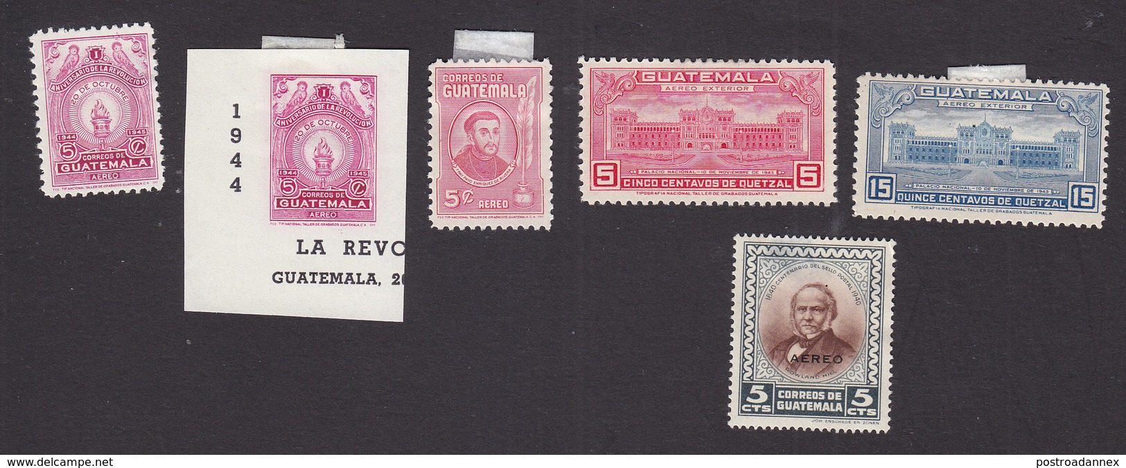 Guatemala, Scott #C136, C136a, C137, C137A, C139-C140, Mint Hinged, Torch, Rivera, Palace, Hill, Issued 1945-46 - Guatemala