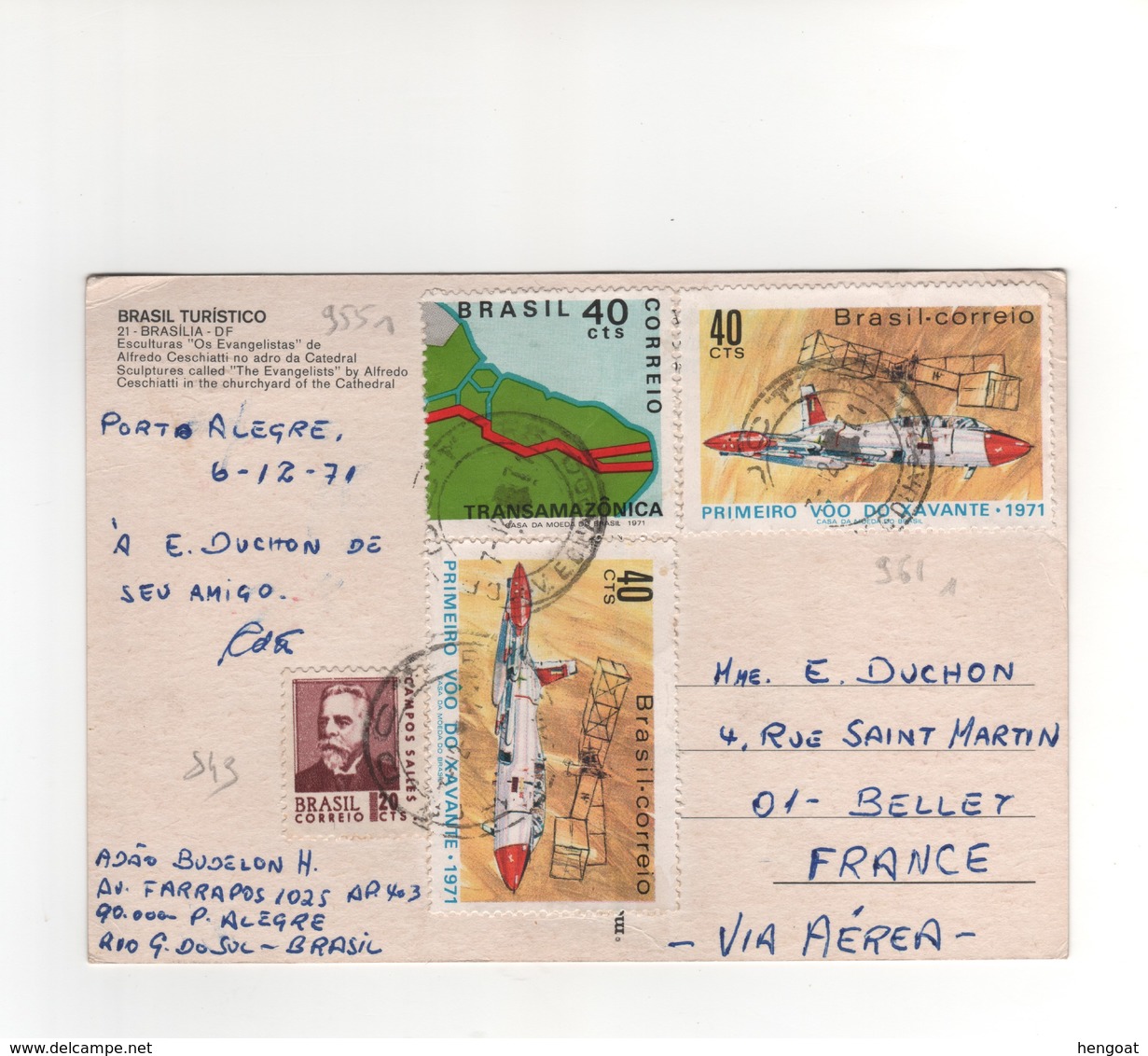 Timbres Yvert N° 843 , 955 , 961 X 2 , Sur CP , Carte Postale , Postcard Du 06/12/1971 Pour La France - Briefe U. Dokumente