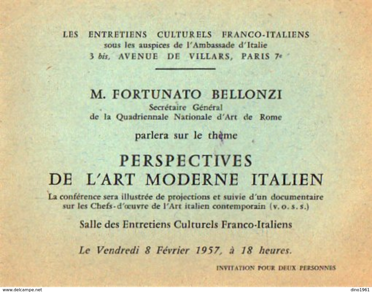 VP12.321 - Carte - Carton D'Invitation - Paris Ambassade D'Italie - M. Fortunato BELLONZI L'Art Morderne Italien - Andere & Zonder Classificatie