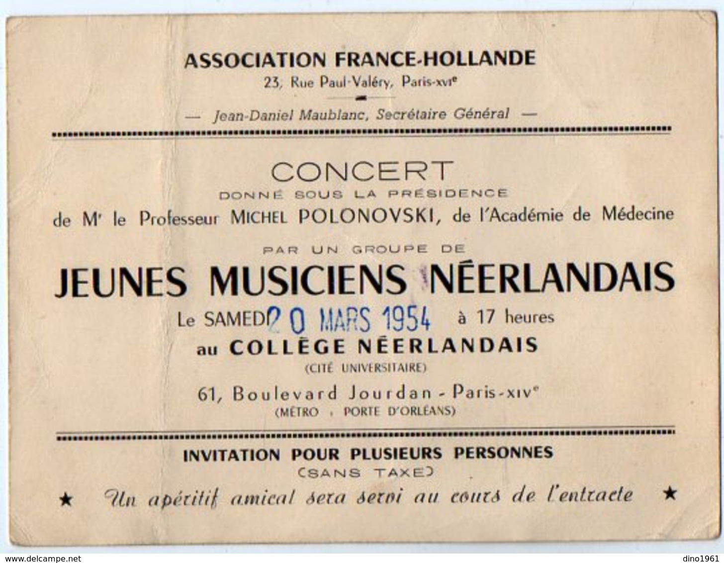 VP12.322 - Carte - Carton D'Invitation - PARIS - Association France - Hollande - Concert Jeunes Musiciens Néerlandais - Altri & Non Classificati