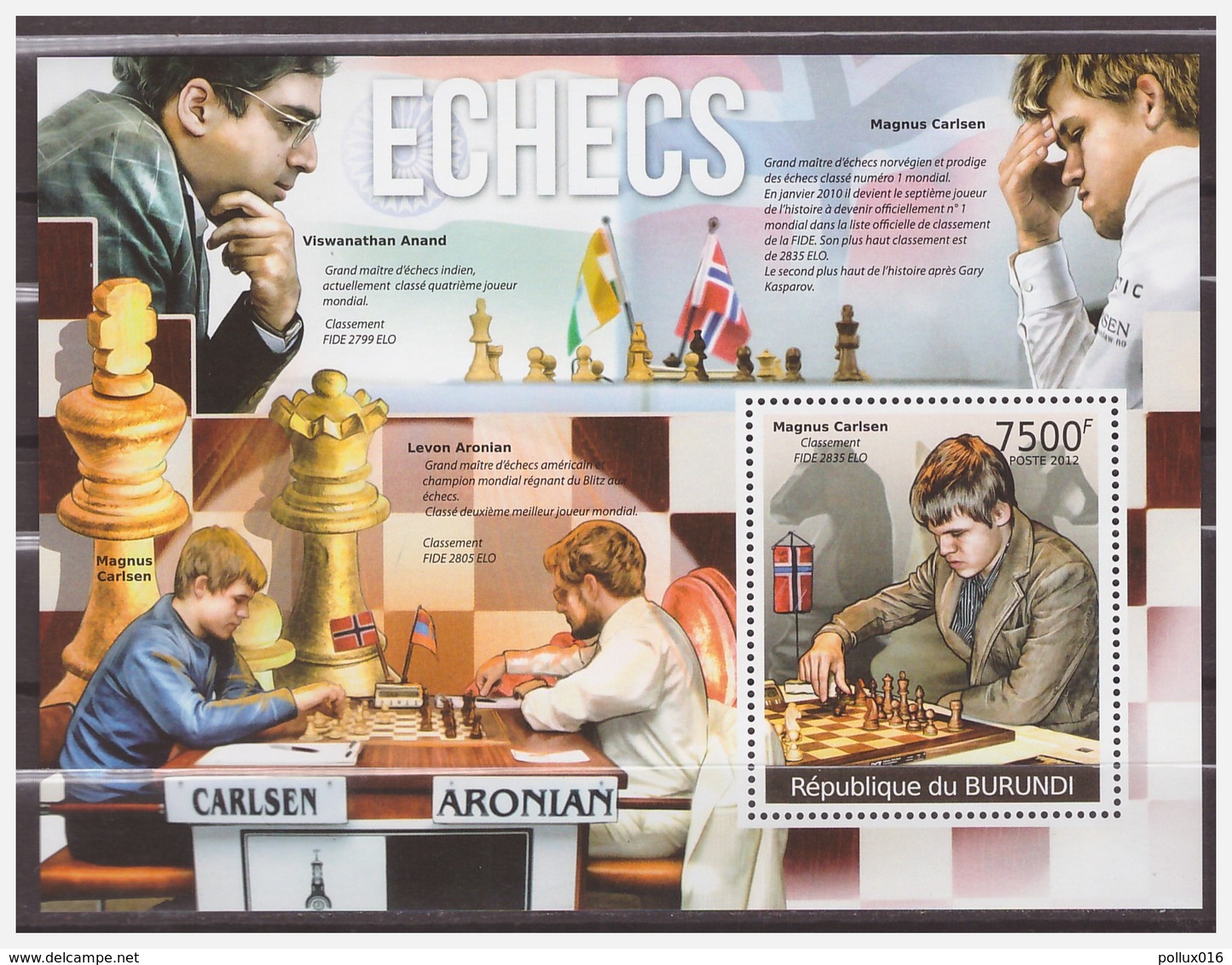 0576 Burundi 2012 Schaken Chess Schach Echecs Carlsen Anand S/S MNH - Schaken