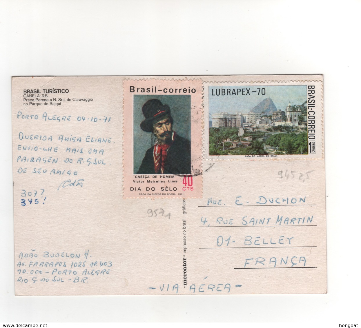 Timbres Yvert N° 945 , 957 , Sur CP, Carte Postale , Postcard Du 04/10/1971 Pour La France - Briefe U. Dokumente