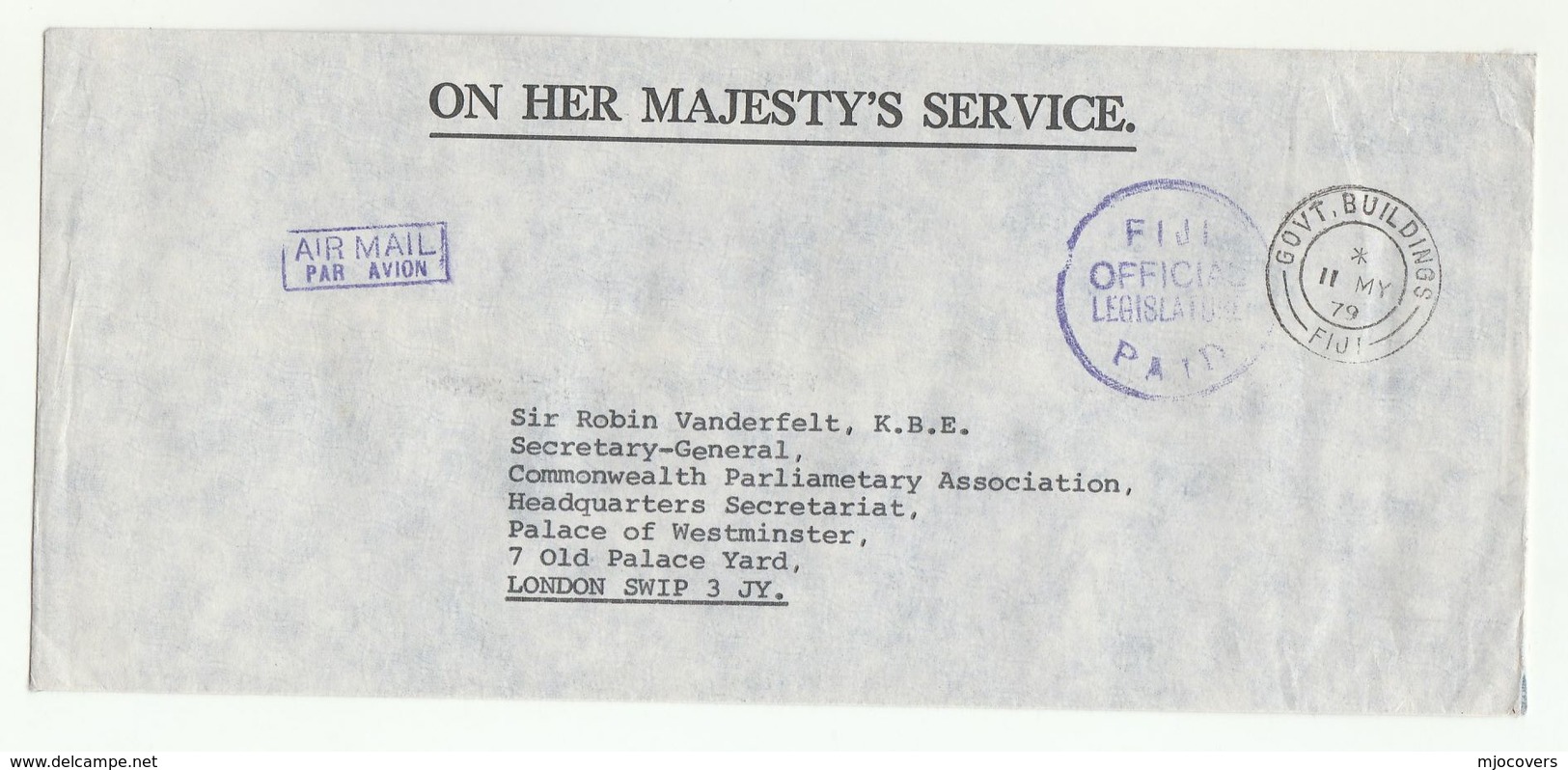 1979 FIJI Ohms LEGISLATURE To COMMONWEALTH PARLIAMENTARY ASSOC WESTMINSTER Parliament GB Cover OHMS Official Paid - Fiji (1970-...)