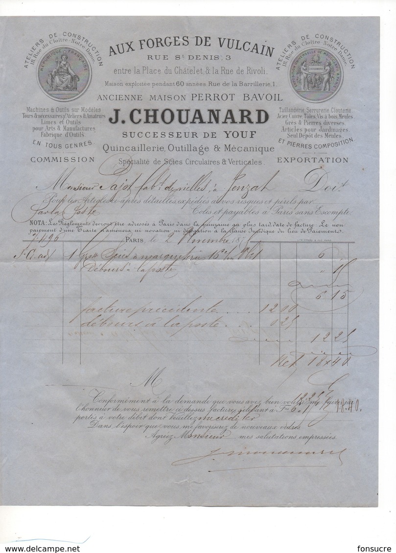 P29 1878 Facture Forges De Vulcain J. CHOUANARD Suc De YOUF Anc Maison PERROT BAVOIL Quincaillerie Outillage Scies - 1800 – 1899