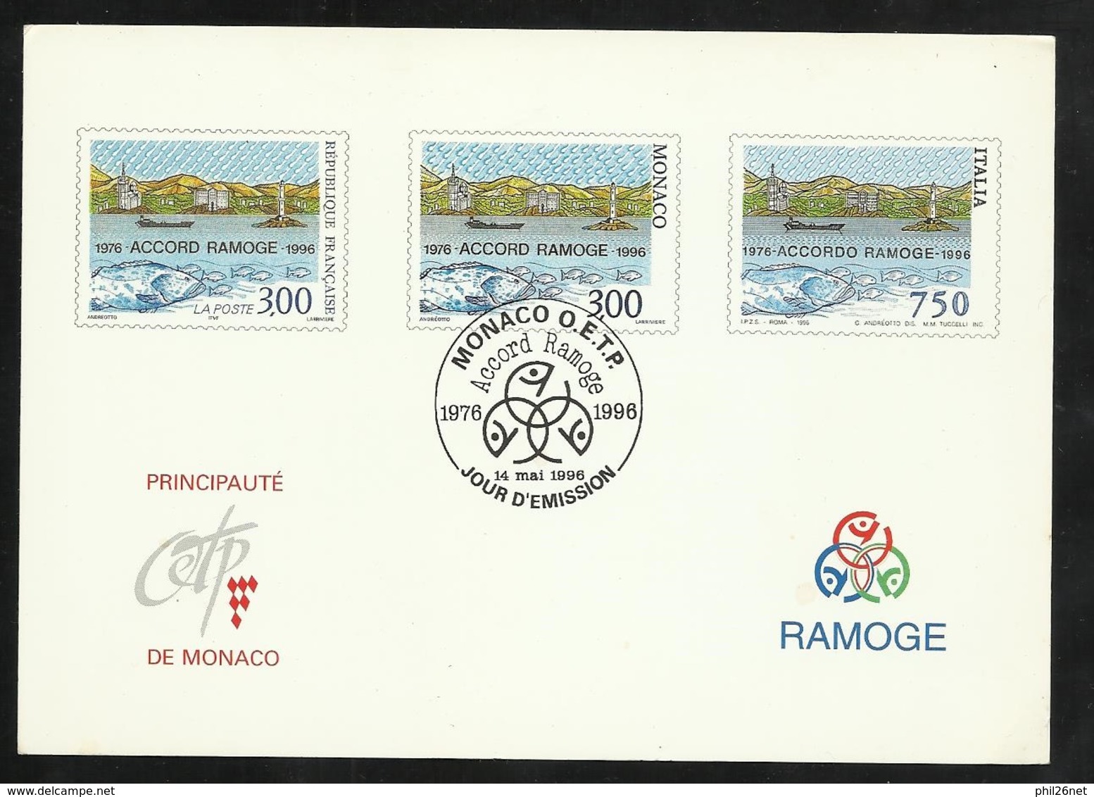 Epreuve Sur Carte Premier Jour 20ème Anniversaire  Accord Ramoge Monaco 14/5/1996 N° 2038 Italie 2167 Et France 3003  TB - Emissions Communes