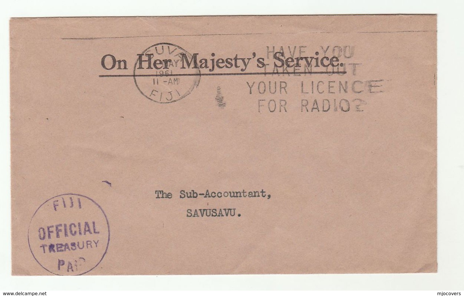 1980 FIJI TREASURY To Sub Accountant Savusavu SLOGAN Pmk LICENCE YOUR RADIO Cover Ohms Official Paid - Fiji (1970-...)