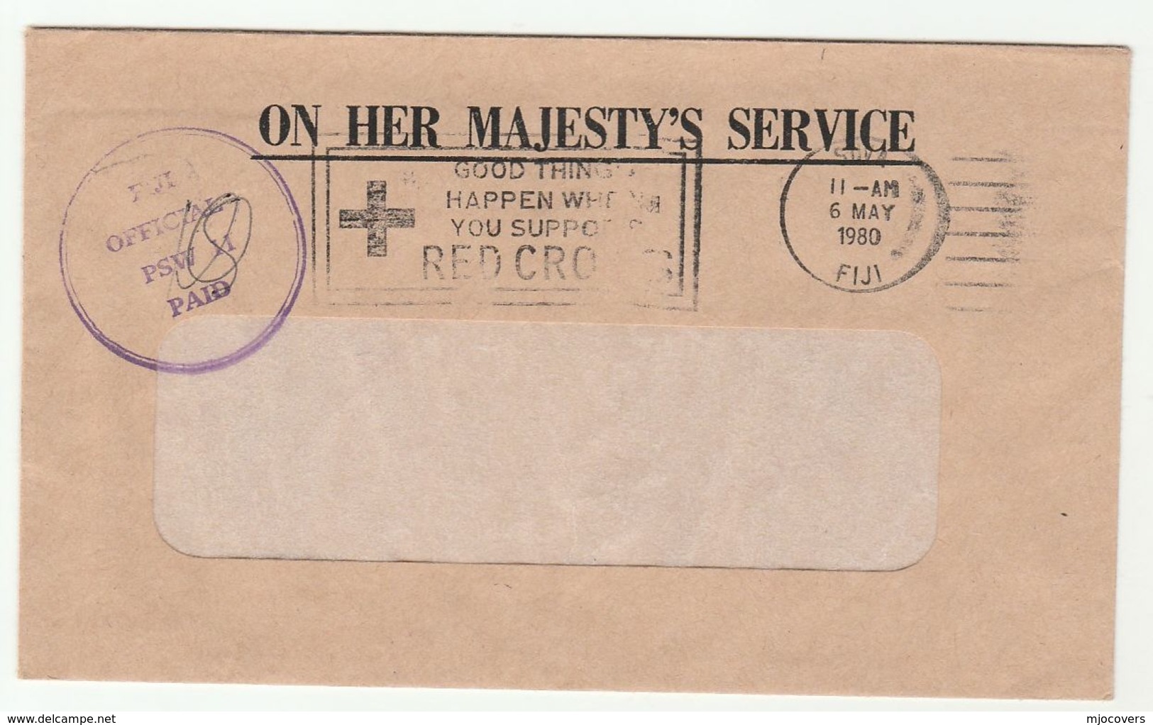 1980 FIJI OHMS 'OFFICIAL PAID  PSW 11' Slogan RED CROSS Cover COUNTER SUPERVISOR - Fiji (1970-...)