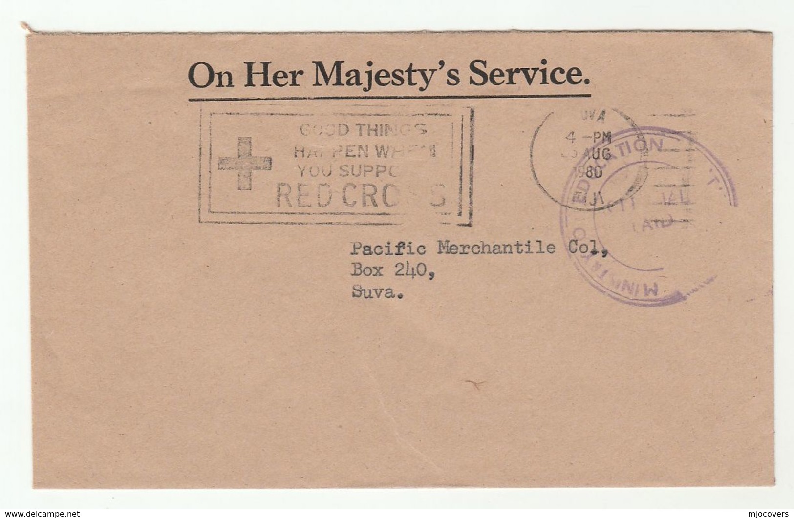 1980 FIJI MINISTRY OF EDUCATION Official Paid OHMS COVER SLOGAN Pmk  RED CROSS - Fiji (1970-...)