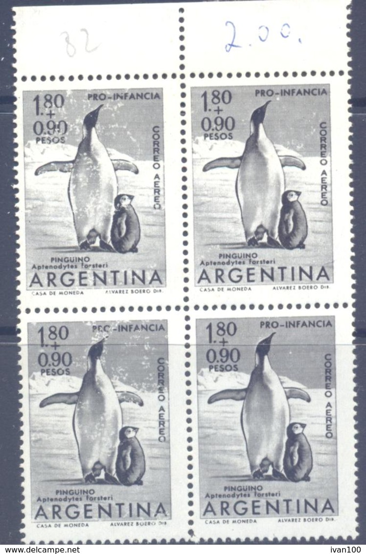 1961. Argentina, Mich.761, Birds, PInguino, 4v In Block,  Mint/** - Ungebraucht