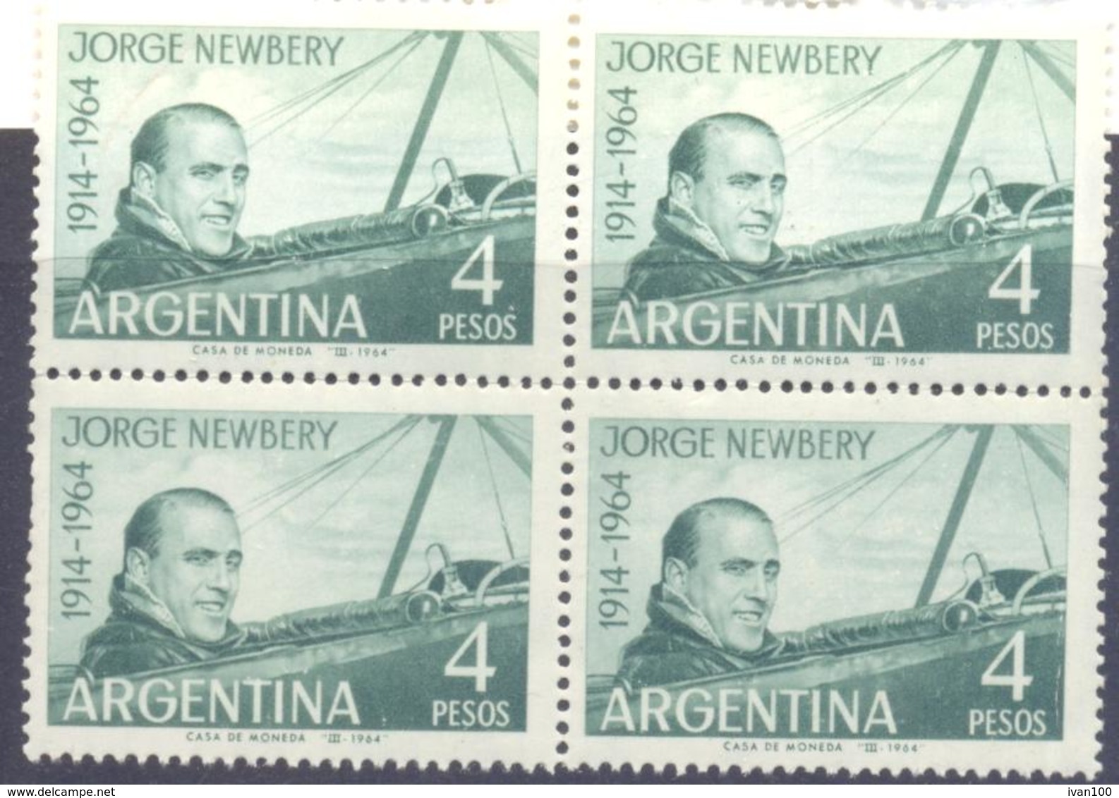 1964. Argentina, Mich.837, Pilot Jorge Newbery, 4v In Block,  Mint/** - Neufs