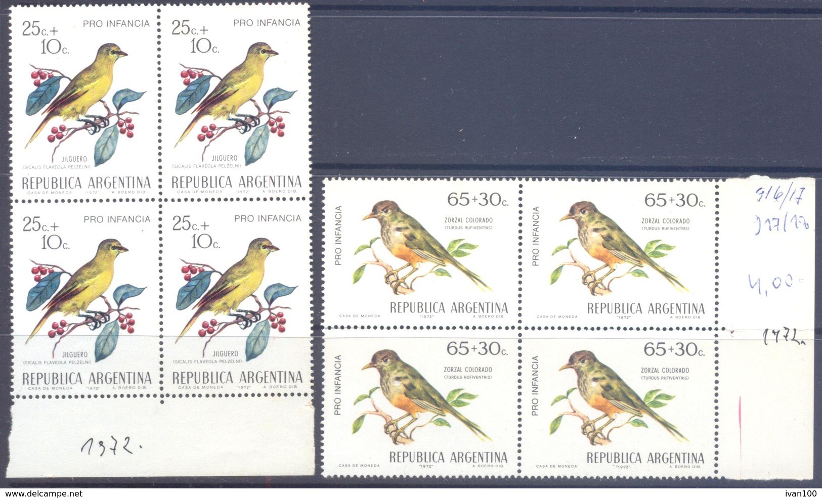1972. Argentina, Mich.1119-20,  Birds, 4 Sets In Blocks Of 4v,  Mint/** - Nuovi