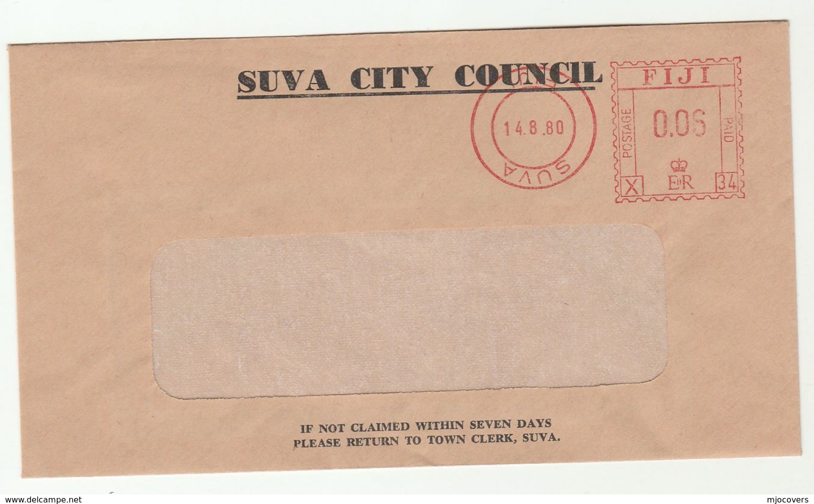 1980 FIJI COVER METER Stamps INVERTED COUNTRY DATESTAMP From SUVA CITY COUNCIL - Fiji (1970-...)