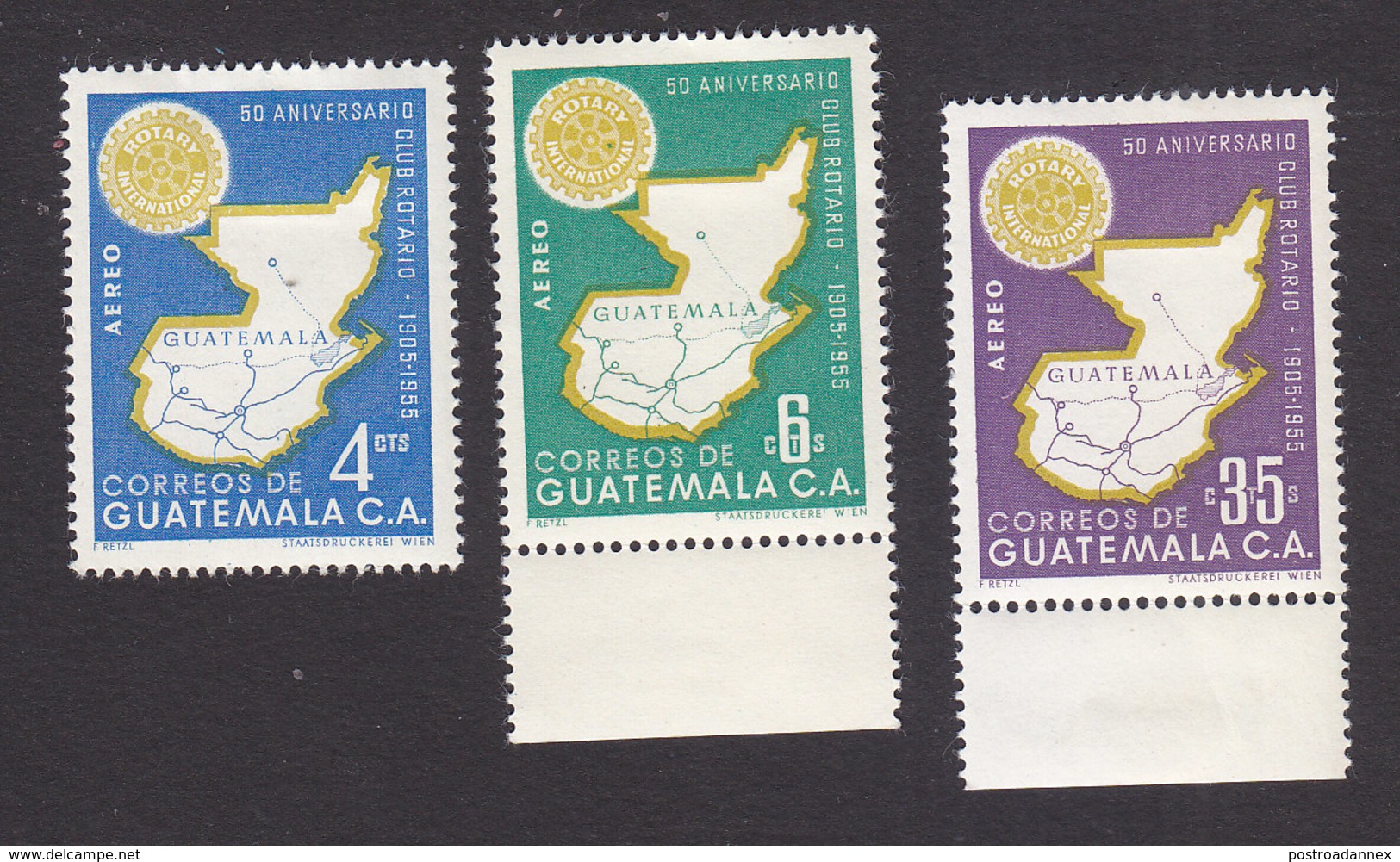 Guatemala, Scott #C207-C209, Mint Hinged, Rotary Emblem And Map, Issued 1956 - Guatemala