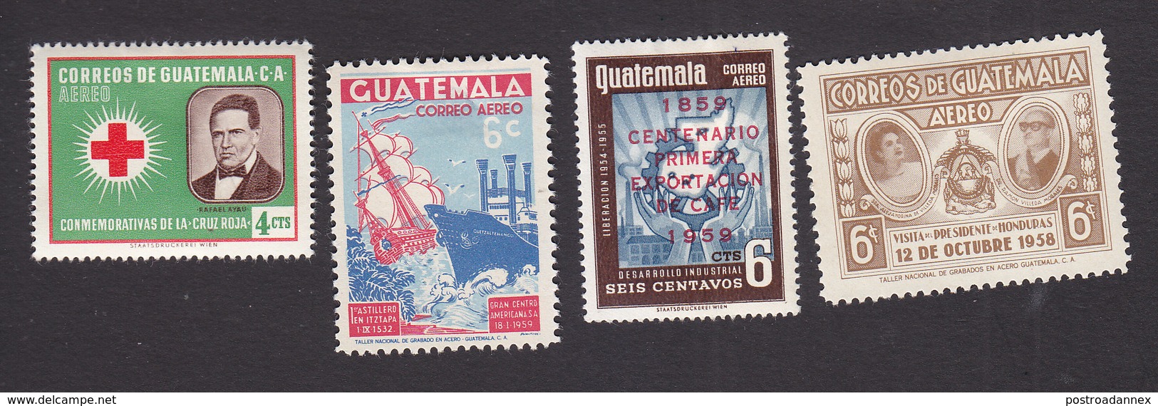 Guatemala, Scott #C222, C231, C233-C234, Mint Hinged, Red Cross, Galleon, Coffee Exports, Vileda, Issued 1958-59 - Guatemala