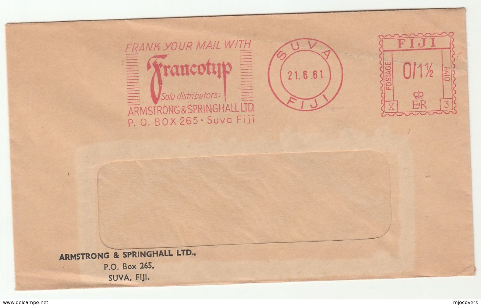 1981 FIJI  COVER  METER Slogan 'FRANK YOUR MAIL WITH FRANCOTYP Sole Distributors Armstrong Springhall' Stamps - Fiji (1970-...)