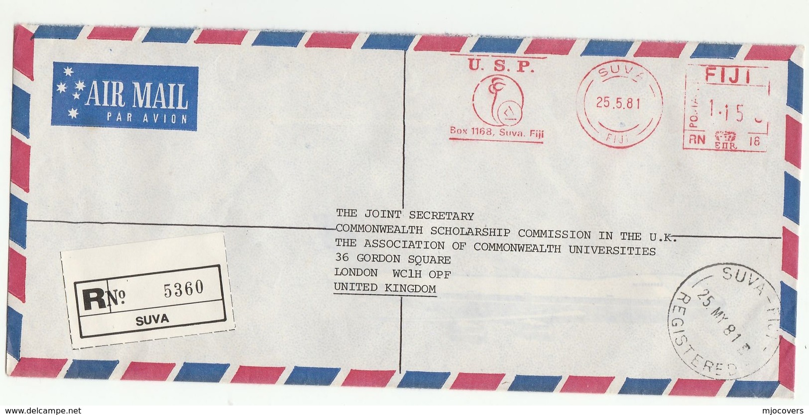 1981 Registered FIJI COVER METER SLOGAN  USP  To Commonwealth Scholarship Commission Universities Assoc GB Univesity - Fiji (1970-...)
