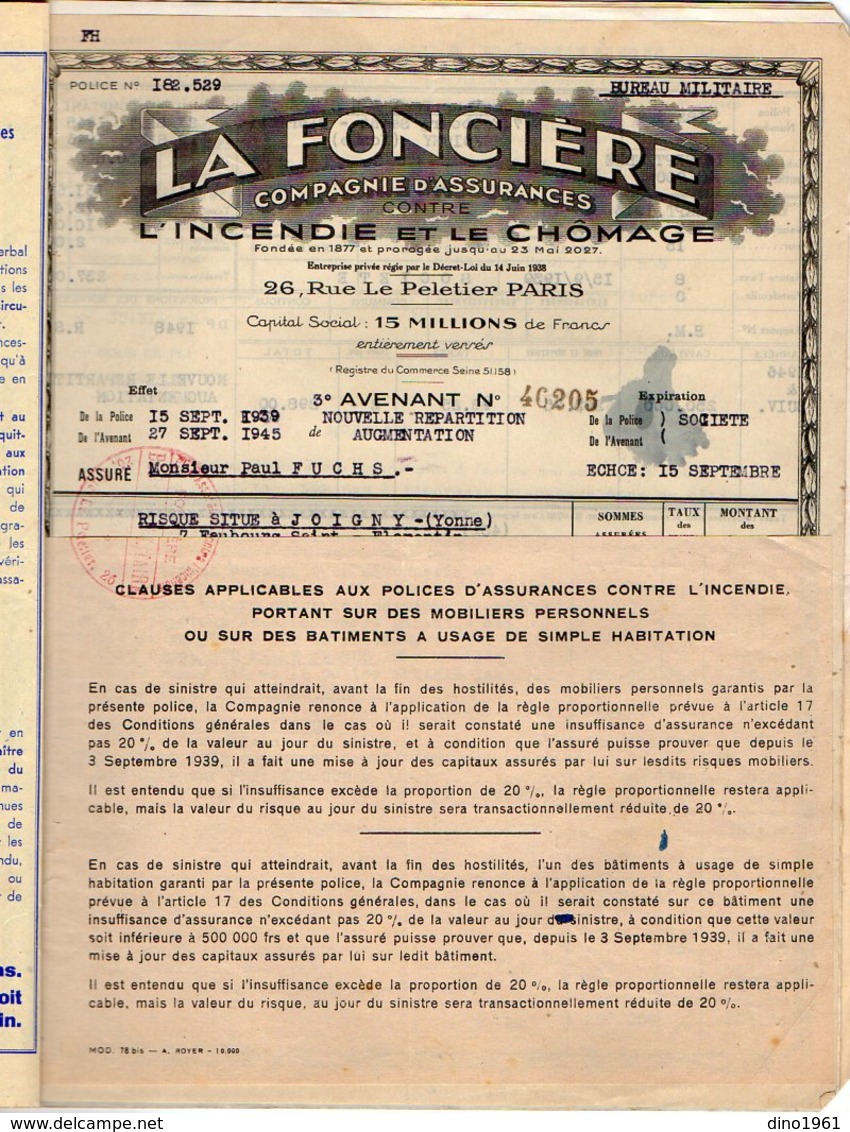 VP12.326 - LORIENT 1939 - Police D'Assurance La Foncière - Mr Le Capitaine P. FUCHS à DAKAR - JOIGNY - GUIDEL - Banque & Assurance