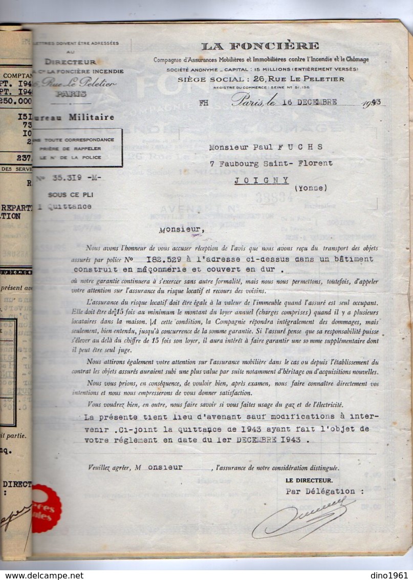 VP12.326 - LORIENT 1939 - Police D'Assurance La Foncière - Mr Le Capitaine P. FUCHS à DAKAR - JOIGNY - GUIDEL - Bank & Insurance