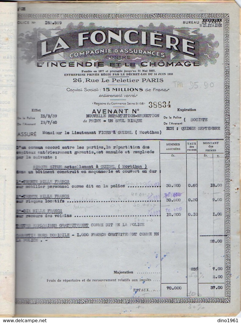 VP12.326 - LORIENT 1939 - Police D'Assurance La Foncière - Mr Le Capitaine P. FUCHS à DAKAR - JOIGNY - GUIDEL - Bank & Insurance