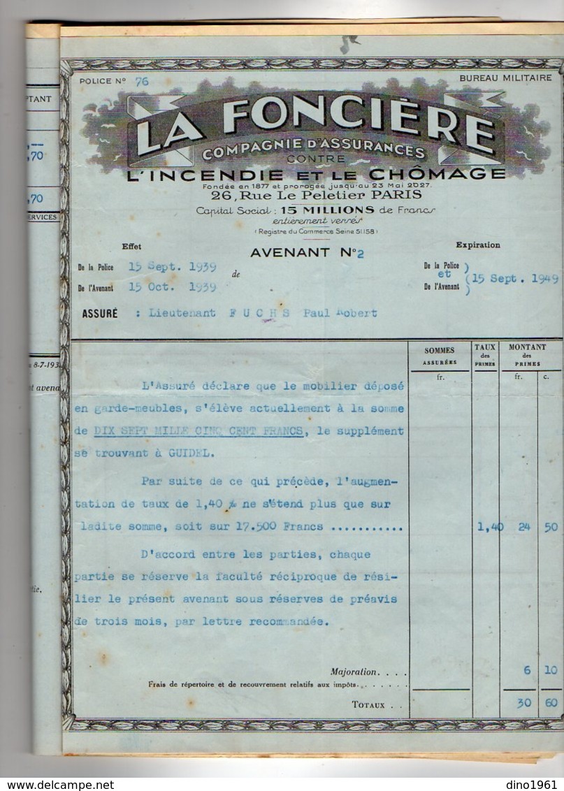 VP12.326 - LORIENT 1939 - Police d'Assurance La Foncière - Mr le Capitaine P. FUCHS à DAKAR - JOIGNY - GUIDEL