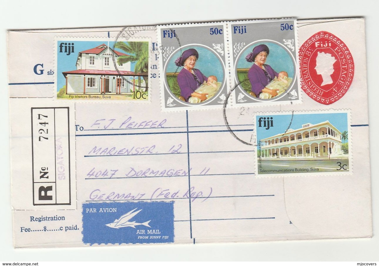 1985 FIJI REGISTERED POSTAL STATIONERY COVER To Germany Uprated Stamps  'SUNNY FIJI Flying Fish Pic' AIRMAIL LABEL - Fiji (1970-...)