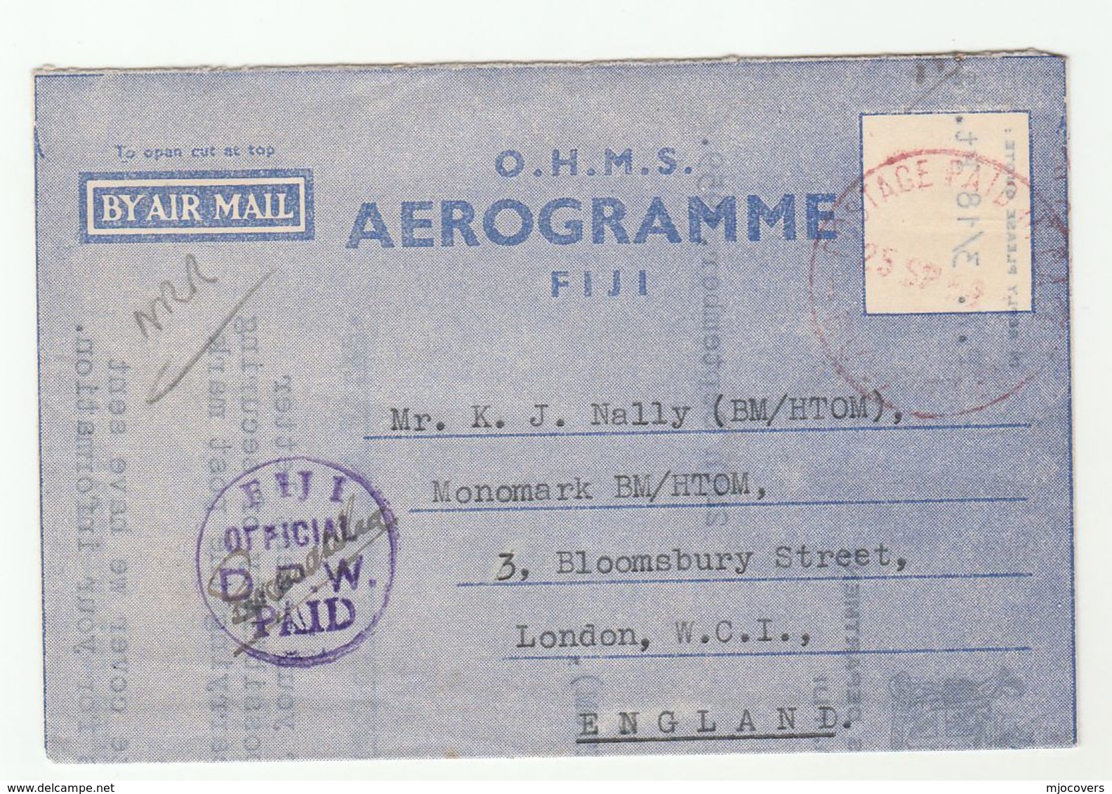 1959 FIJI OHMS AEROGRAMME Official Paid DPW  Red Postage Paid Pmk Postal STATIONERY Dept Of Public Works Cover To Gb - Fiji (...-1970)