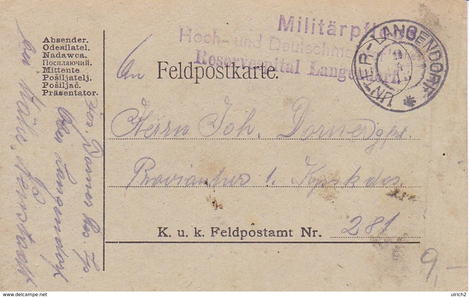 Feldpostkarte Militärpflege Hoch- Und Deutschmeister Reservespital Langendorf - Feldpost 281 - 1918 (35302) - Briefe U. Dokumente