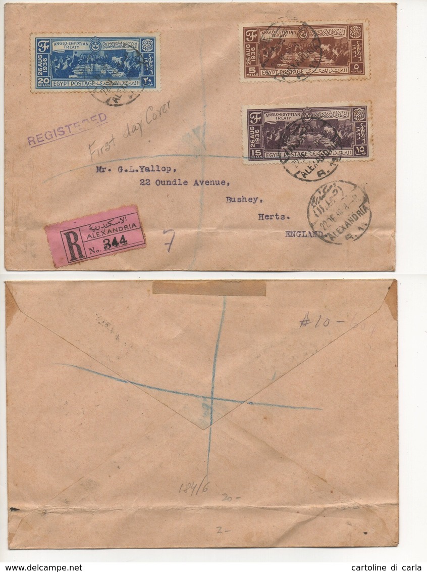 REGISTERED LETTER FIRST DAY COVER ALEXANDRIA TO ENGLAND #2 - Poste Aérienne