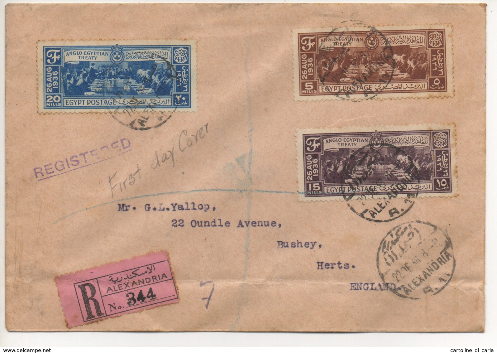 REGISTERED LETTER FIRST DAY COVER ALEXANDRIA TO ENGLAND #2 - Poste Aérienne