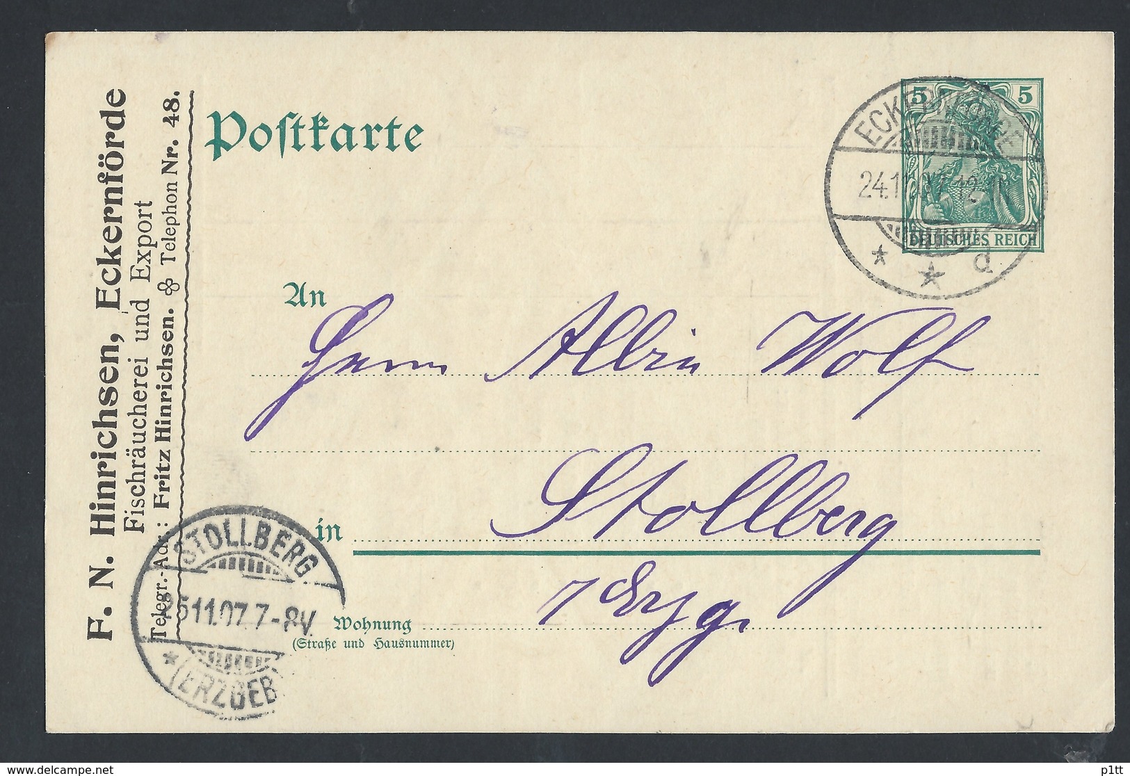 7de.Postkarte. Die Post Von 1907 Ging Nach Eckernförde Stolberg. Bestellung Von Fischprodukten. Ostseesprotten - Lettres & Documents