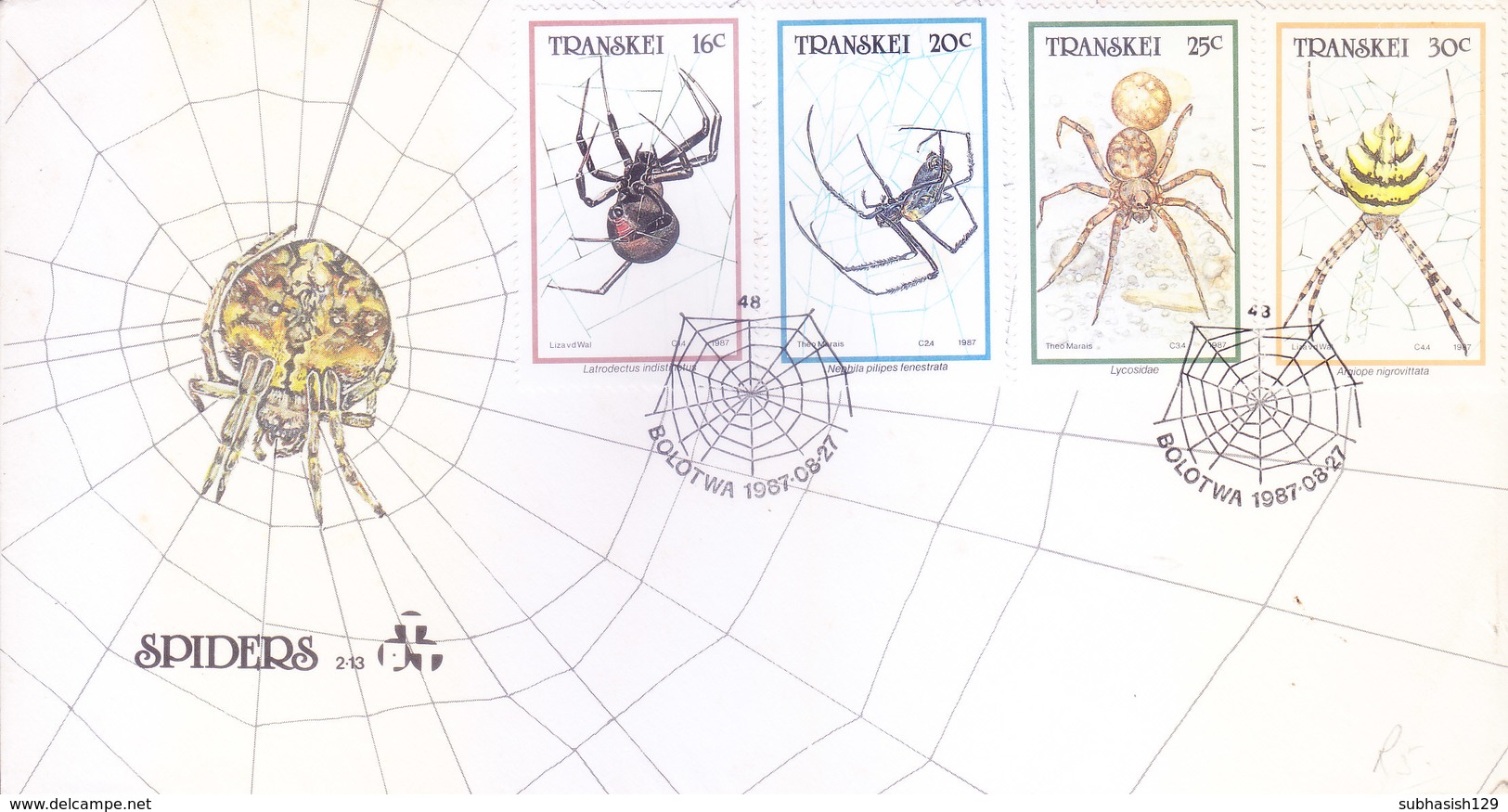 TRANSKEI / SOUTH AFRICA : FIRST DAY COVER WITH INFORMATION BROCHURE INSIDE : SPIDERS - 27-08-1987 - Transkei