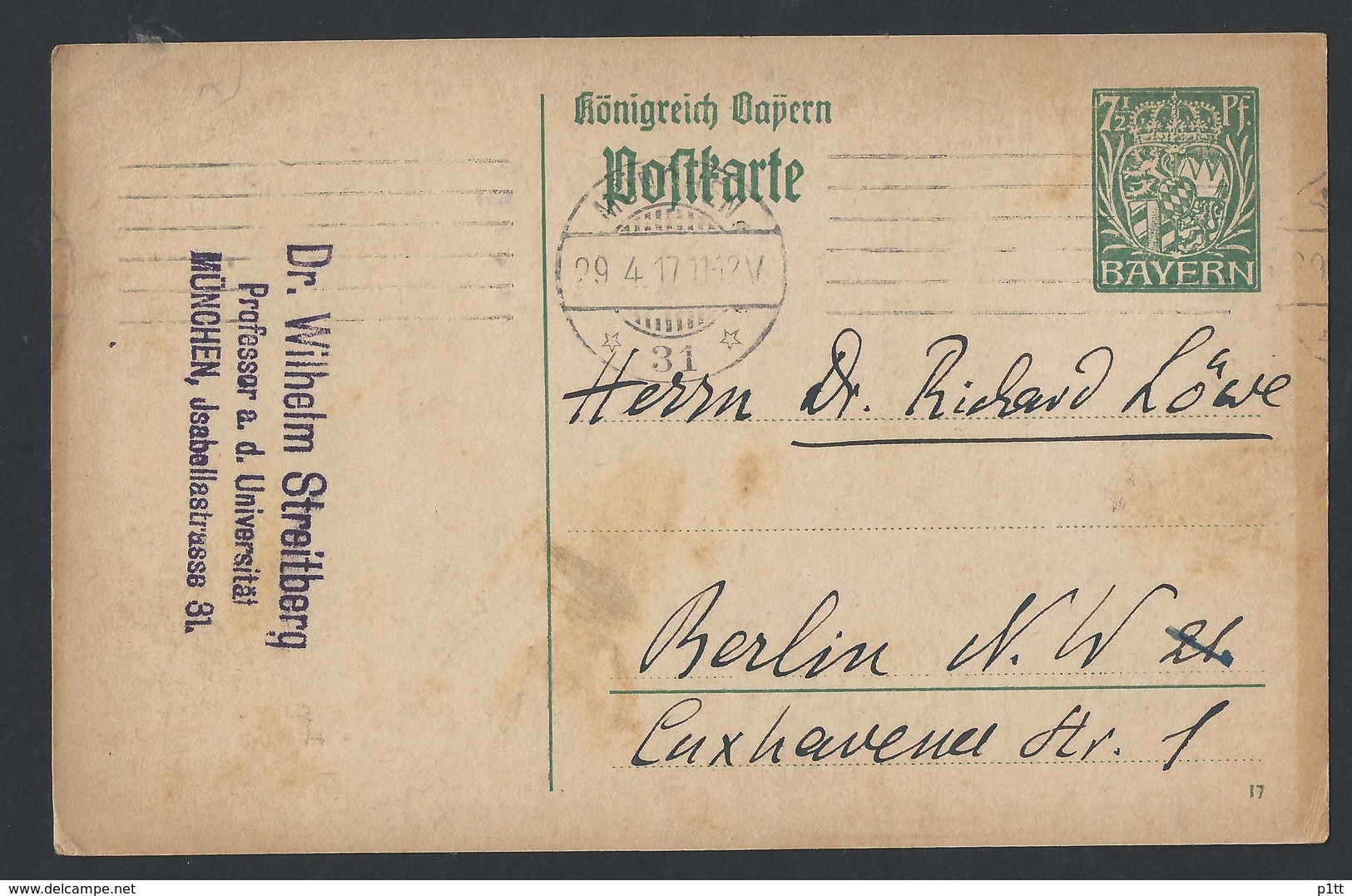 8de.Postkarte Von Bayern. Die Post Ging Durch 1917 München Berlin. Professor Für Gotische Sprache.Maschinenstempel. - Lettres & Documents