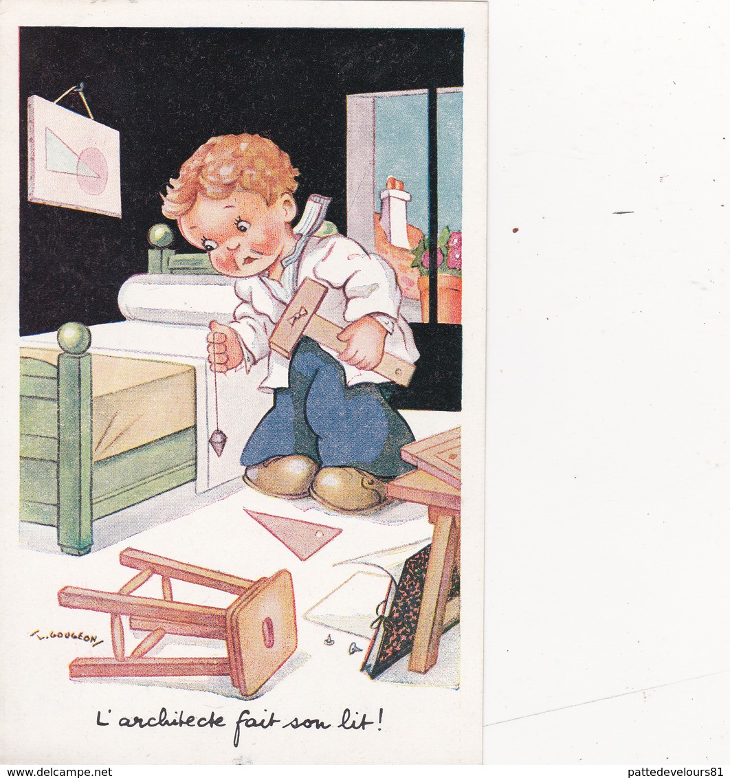 CPSM Enfant Métier Architecte Fabrication Lit Humour Illustrateur GOUGEON - Gougeon