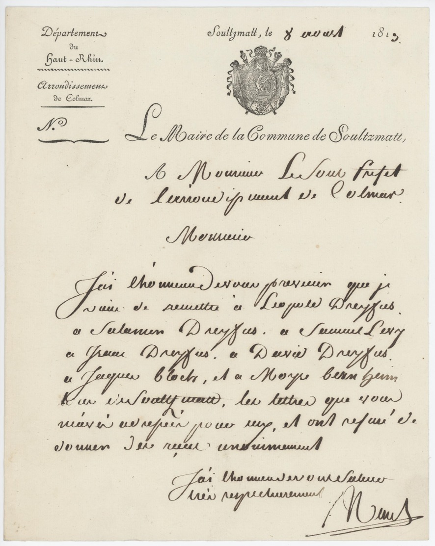 Soultzmatt 1813 Généalogie Dreyfus Et Bloch Judaïca Héraldique - Documents Historiques