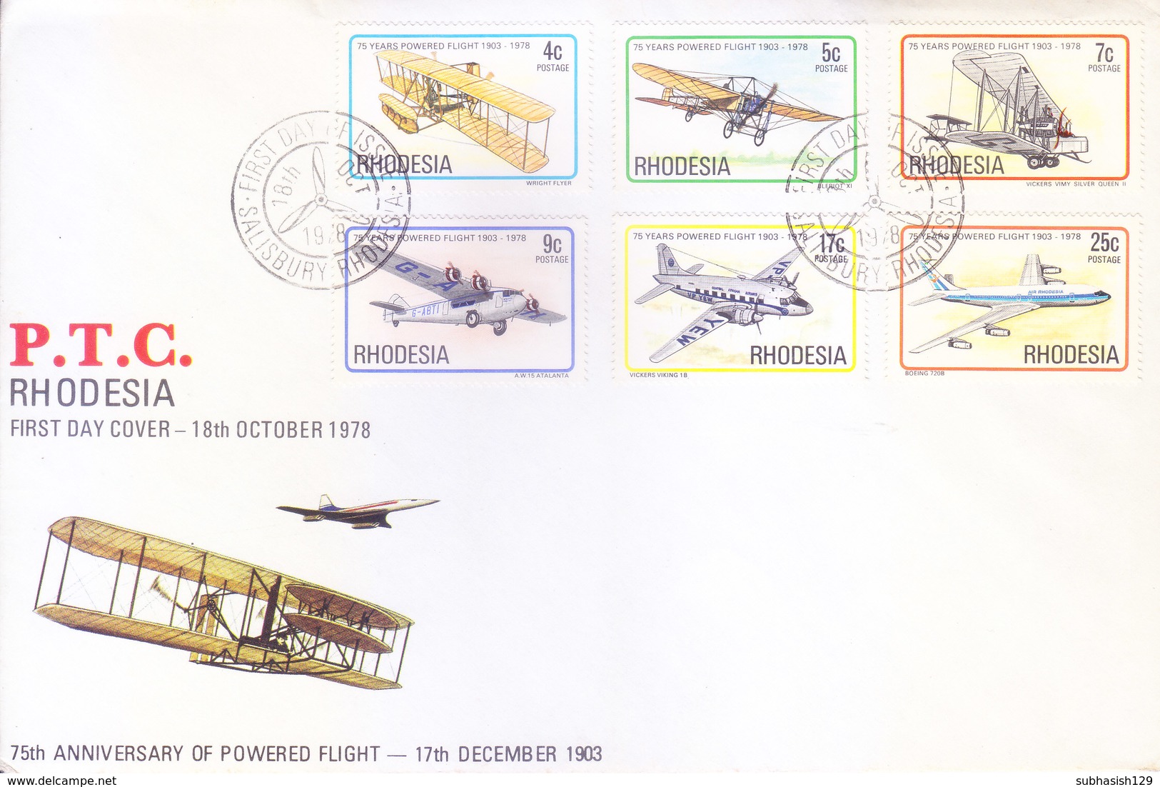 RHODESIA / ZINBABWE : FIRST DAY COVER : 75TH ANNIVERSARY OF POWERED FLIGHT : 17-12-1903 : COMPLETE SET OF 6v. - Zambèze