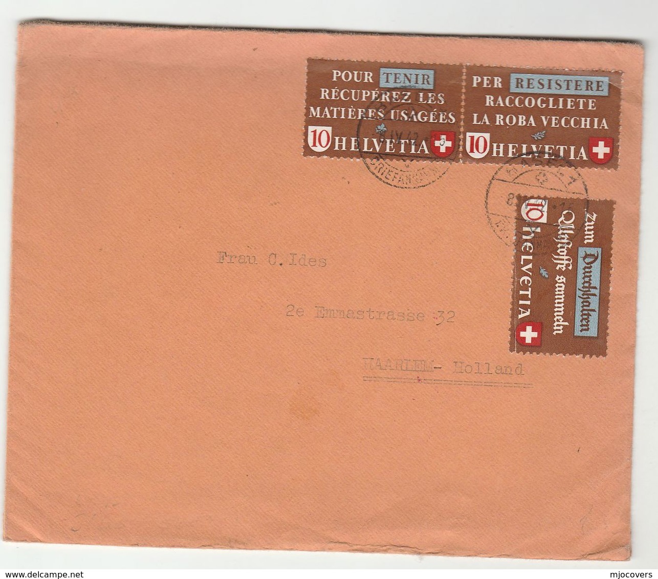 1942 SWITZERLAND To NETHERLANDS With GERMAN CENSOR Label On Back RECYCLING Stamps Basel To Haarlem  Censored - Covers & Documents